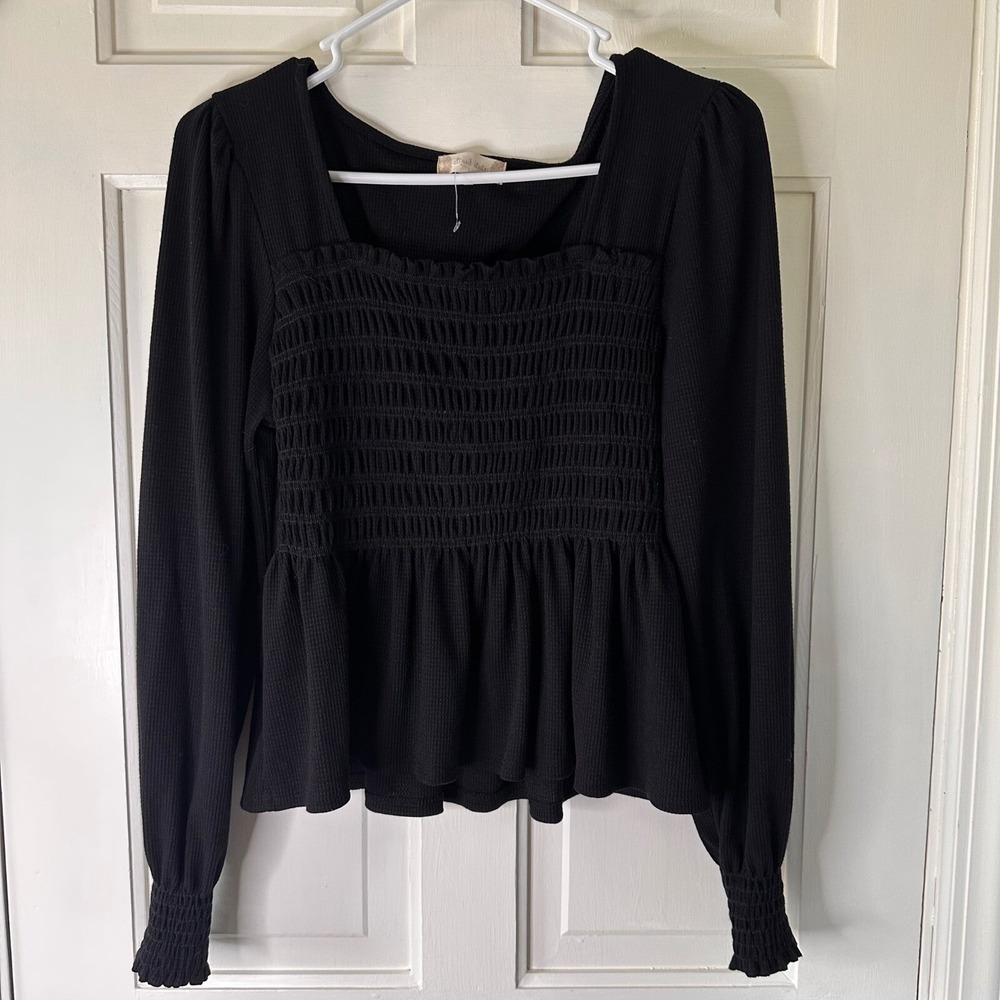 Altard State Smocked‎ Peplum Top Long Sleeve Square Neck Blouse Black Size L